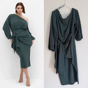City Chic Plus Size Alysia Tie Front One-Shoulder Midi Dress Forest Green